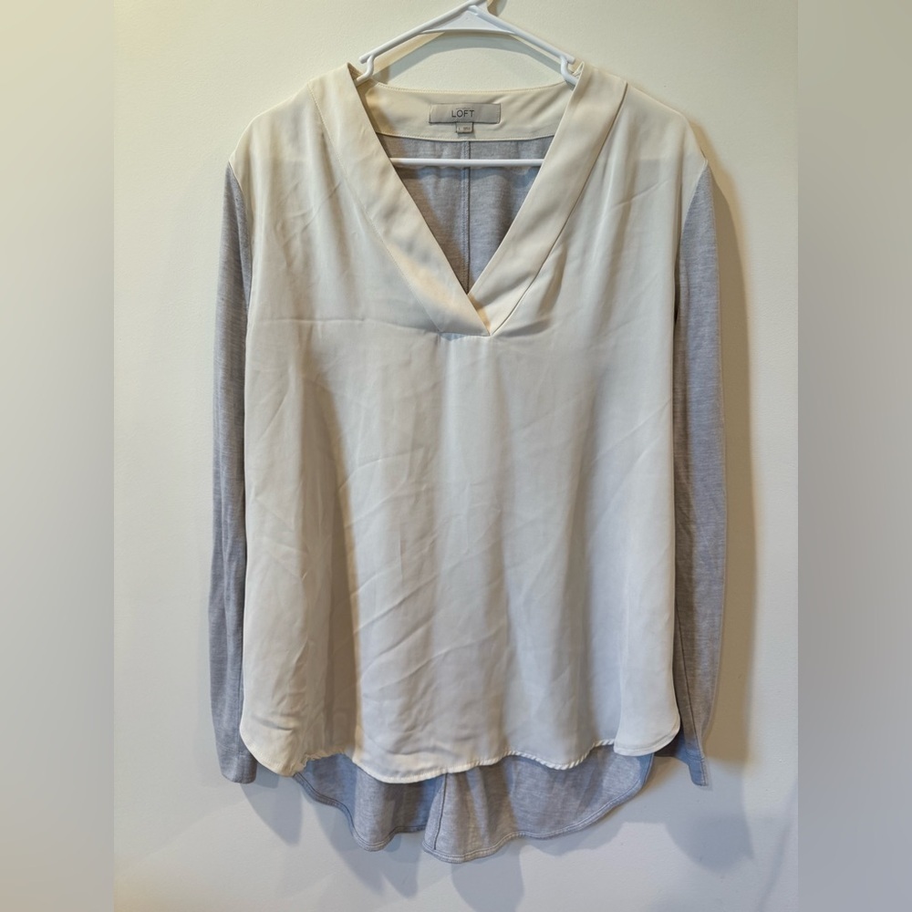 LOFT Cream and Gray V-Neck Blouse